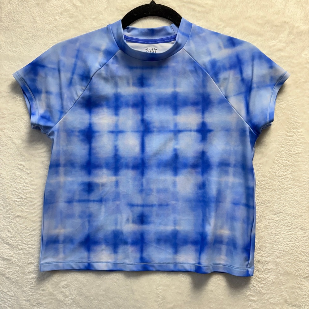 Athleta Girl Rashguard Top Sz‎ XL Blue Tie Dye Mock Neck Short Sleeve